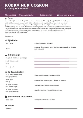 Biyoloji Öğretmeni CV Örnekleri cv indir